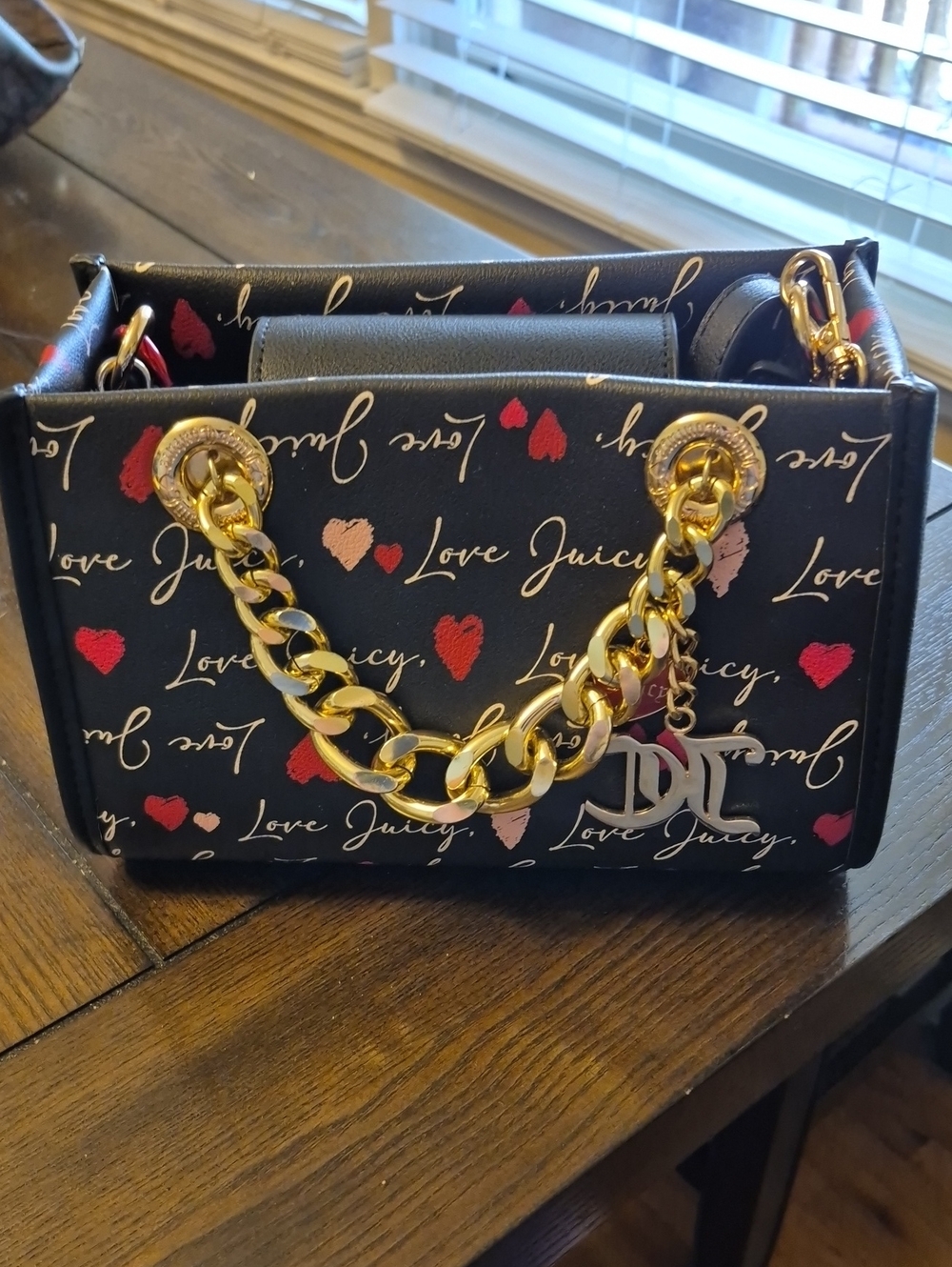 Juicy Couture Black Mini Shoulder Bag with Red & Pink Heart Print